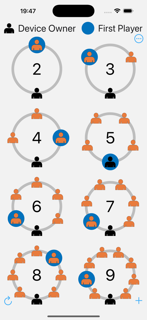 A grid view of circles representing 2 to 9 players with one randomly selected as the first player