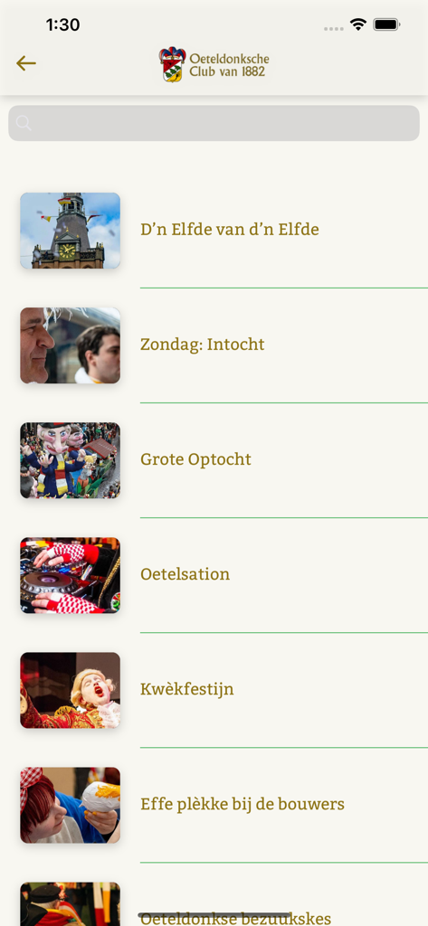 Oeteldonk - A list of traditional carnival events in the Oeteldonk app featuring images and descriptive titles