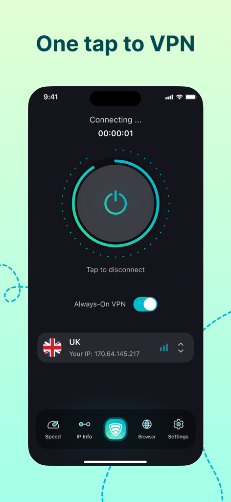 VPN FREE Super Unlimited Proxy - VPN FREE 無制限スーパープロキシアプリのユーザーインターフェース。ワンタップ接続ボタンと英国サーバーの選択が表示される