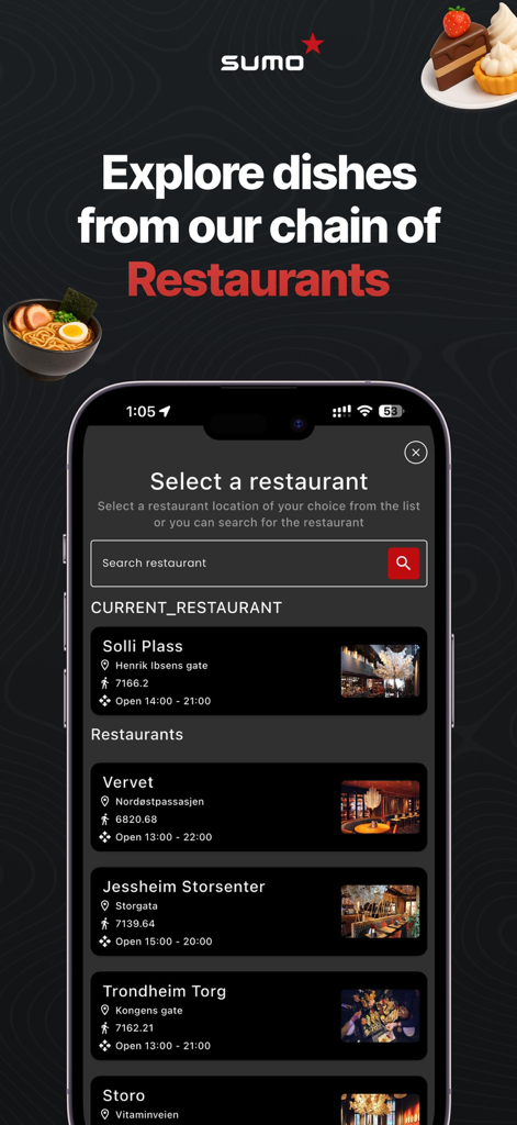 Sumo Restaurants - Eine mobile App-Oberfläche, die eine Liste von Sumo Restaurant-Standorten zur Auswahl anzeigt.