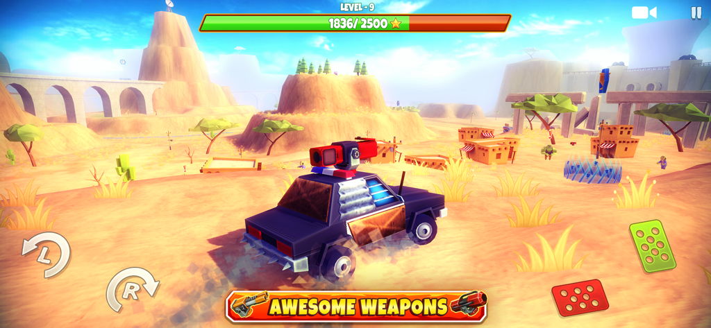 Zombie Safari - A customized car with a mounted weapon driving through a desert landscape in the game Zombie Safari.