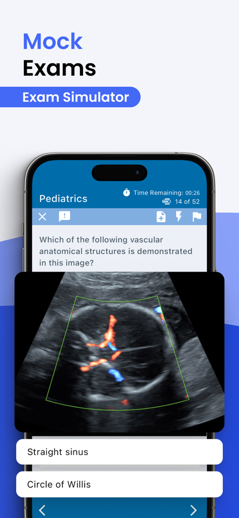 Prepry - ARDMS & CCI Exam Prep - Prepry app interface showing a pediatrics mock exam question with an ultrasound anatomy image and multiple choice options.