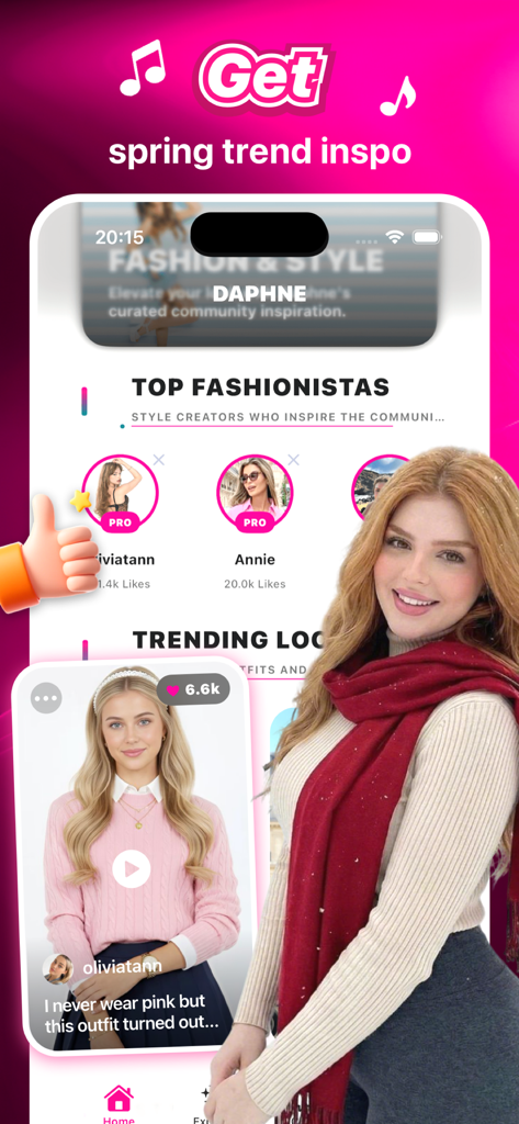 Daphne - Chat & Social - Capture d'écran de l'application sociale mode Daphne montrant les meilleurs stylistes et les looks de tenues tendance