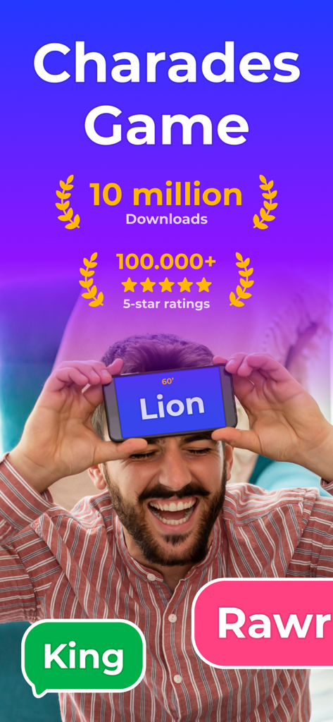 A man laughing while playing Guess Up charades game with friends