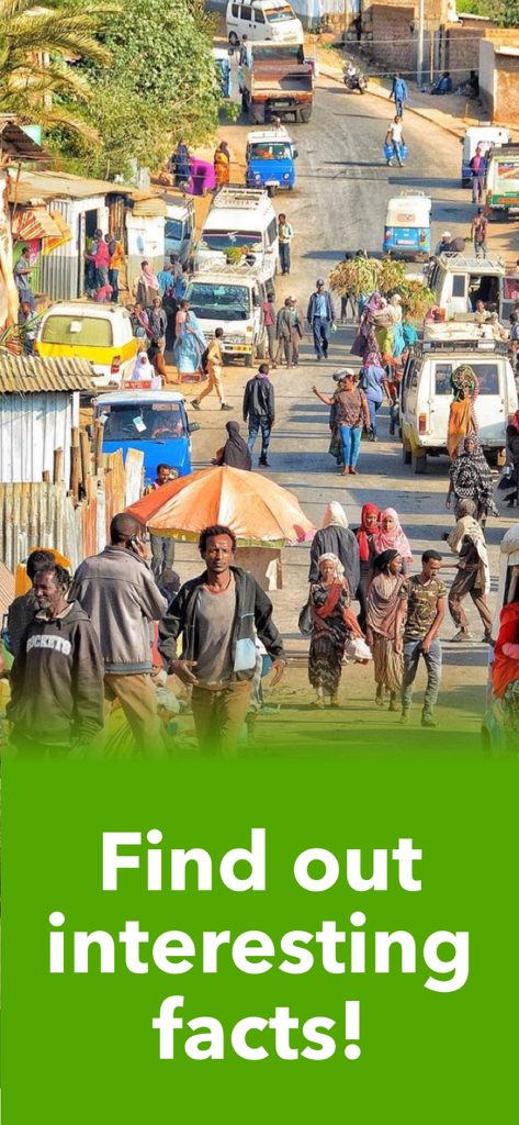 Africa: Flags & Geography Maps - Busy street in Africa with the caption Find out interesting facts