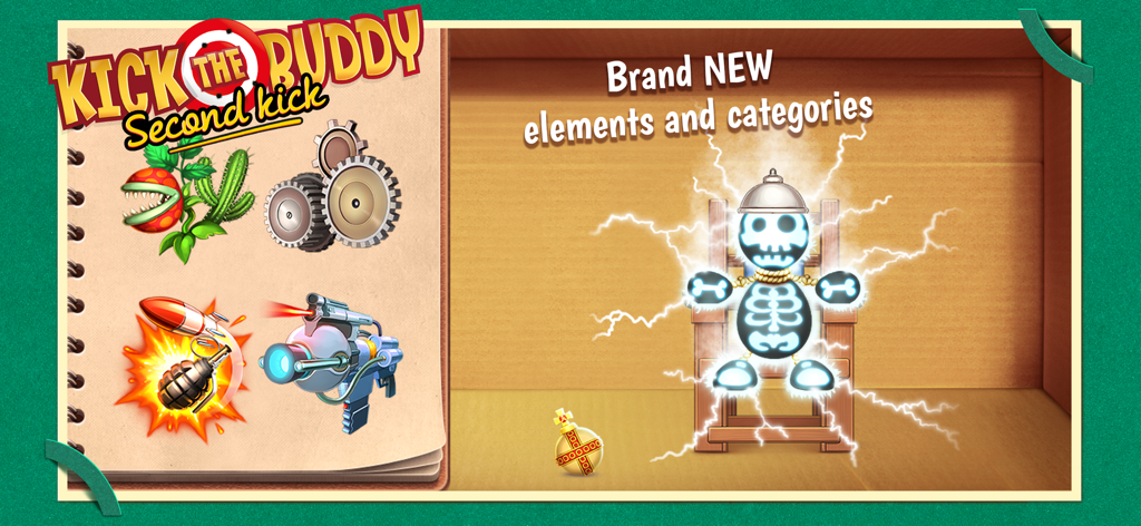 Kick the Buddy: Second Kick - 전기의자에 앉아있는 버디 캐릭터, 해골 효과 및 사이드바에 표시된 새로운 게임 아이템