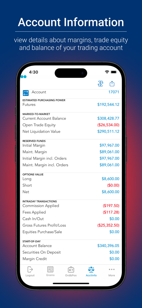 Pantalla de información de cuenta en QST Mobile que muestra márgenes y capital de trading para operaciones de futuros