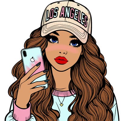 realistic beautiful girl wearing los ángeles cap holding an iphone