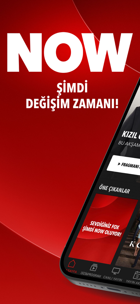 NOW Turkiye mobile app welcome screen showing the brand transition and homepage layout on a smartphone.