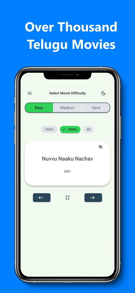 Dumb Charades Telugu - Smartphone screen showing the movie difficulty selection and era filter in the Dumb Charades Telugu app.