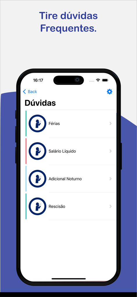 Cálculos Trabalhistas - Tela de FAQ do aplicativo Calculos Trabalhistas com seções para férias e salário líquido.