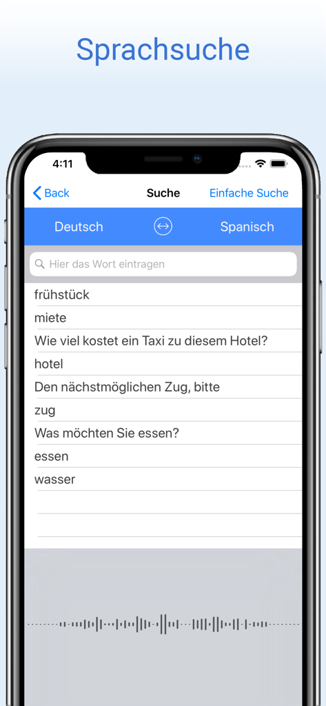 Sprachsuchoberfläche der Deutsch-Spanisch Wörterbuch App mit kürzlichen Suchbegriffen und einer Wellenform