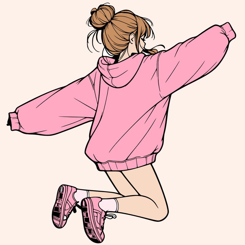 realistic girl jumping with a bun and oversized sweatshirt