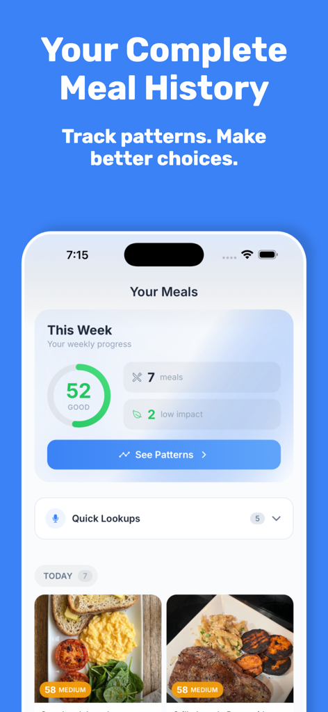 Glycemic Index Scanner - Glycemic Index Scanner app screen showing a complete meal history and weekly health patterns.
