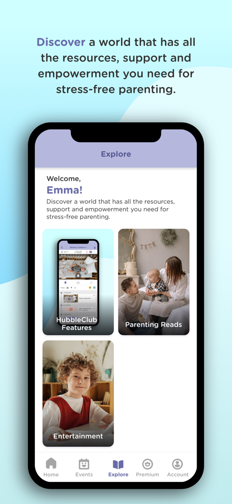 HubbleClub by Hubble Connected - HubbleClub app Explore screen featuring parenting reads and smart nursery features