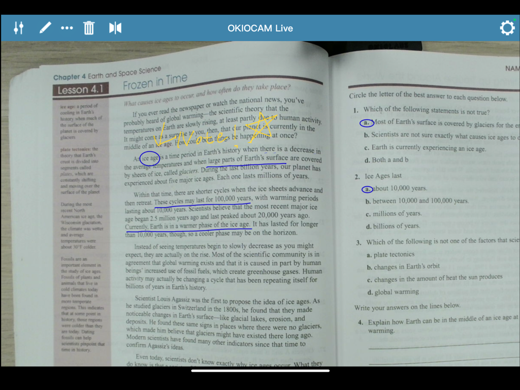 Digital annotations on a physical textbook using the OKIOCAM Live document camera app