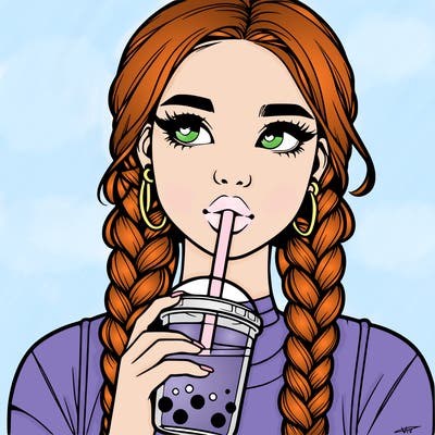 realistic girl with braided hair drinking boba