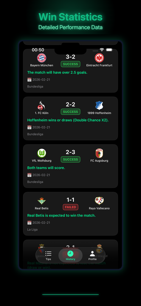 BetBrain - Ai Powered Tips - BetBrain app win statistics screen showing historical performance and success rates of AI powered soccer betting tips