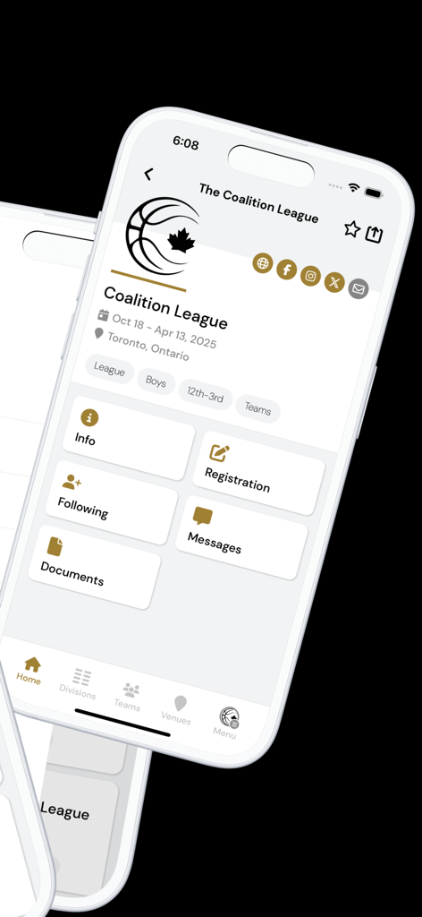 The Coalition League - Tela inicial do aplicativo móvel The Coalition League mostrando informações da liga, registro e blocos de navegação.