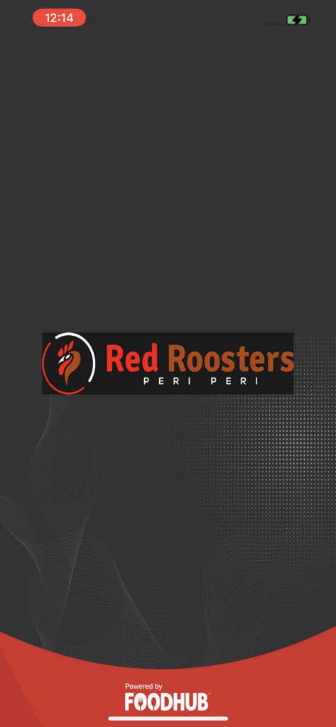Red Rooster - Startbildschirm der Red Rooster Peri Peri Mobile App mit dem Firmenlogo und dem Foodhub-Branding.