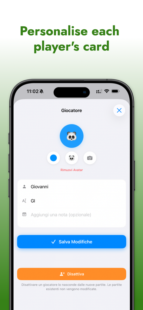Burraco Manager - Interface of Burraco Manager showing player profile personalization with a panda avatar