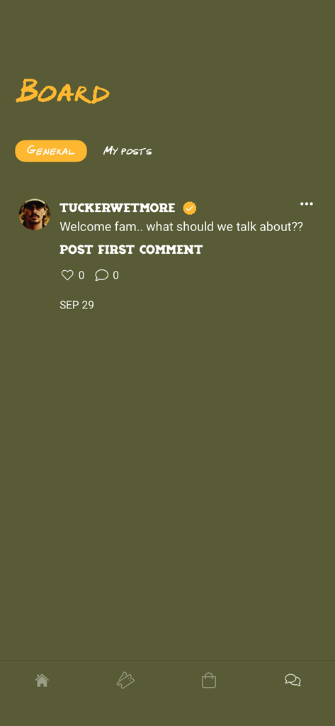 Tucker Wetmore - Message board interface in the Tucker Wetmore app featuring a welcome post from the artist.