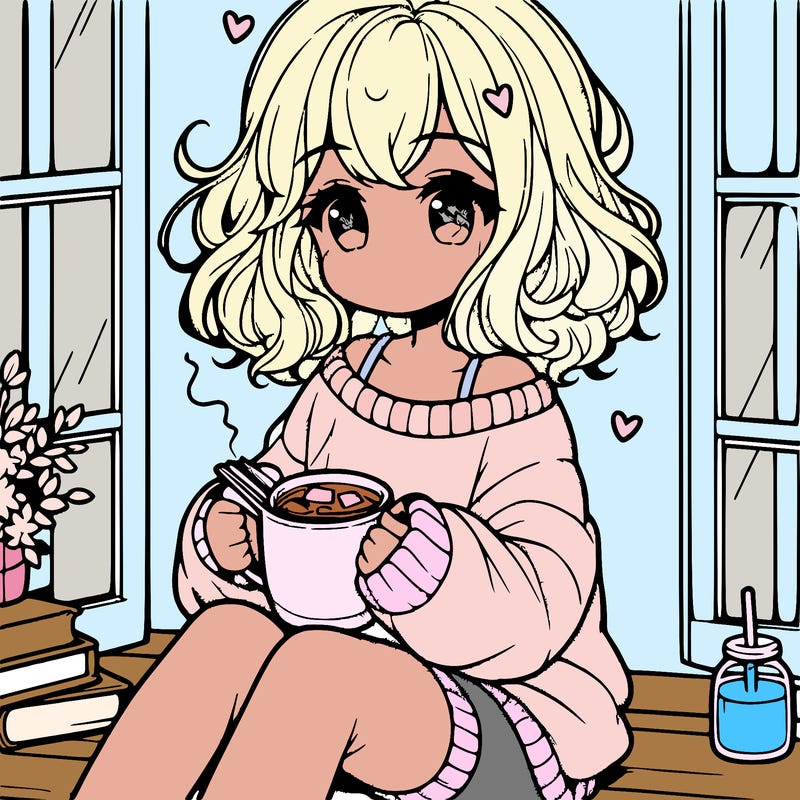 cute anime girl reading book and drinking hot chocolate from mug with loose wavy hair wearing a baggy sweatshirt and shorts sitting by windowsill looking out