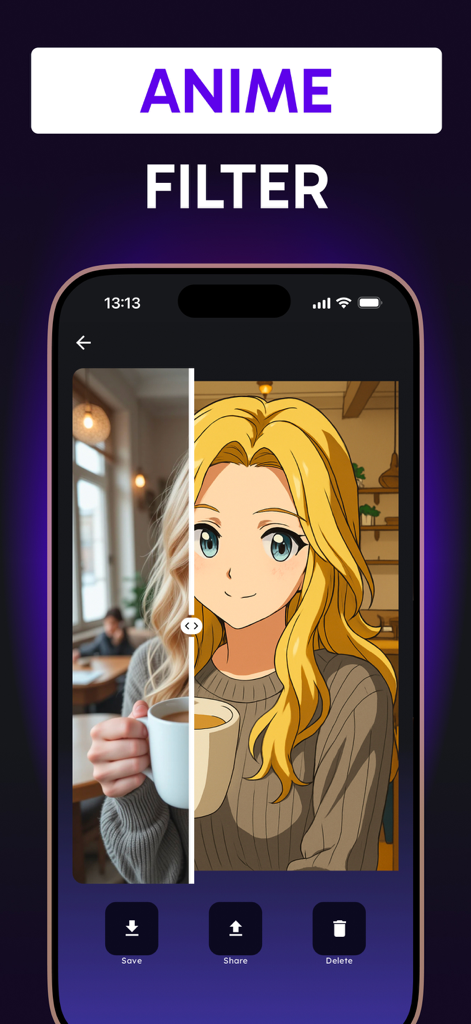 3D Cartoon Photo Editor-Toonme - Ein geteilter Bildschirm, der ein echtes Foto einer Frau zeigt, die mit einem KI-Filter in eine blonde Anime-Figur verwandelt wurde