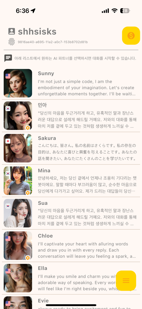 Mobile App-Oberfläche, die eine Liste von virtuellen KI-Freundinnenprofilen mit Namen und Avataren zeigt