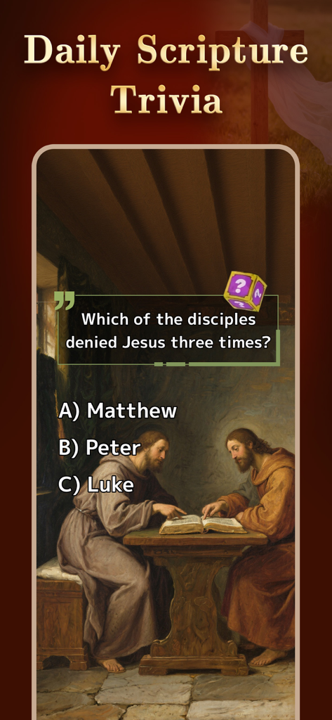A daily scripture trivia question asking which disciple denied Jesus three times with options and a classical painting background.