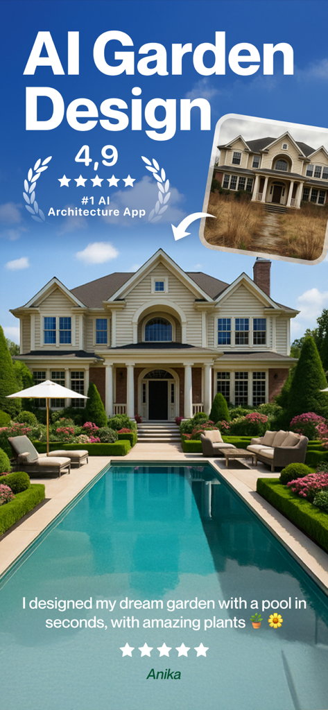 AI Garden Design app showing a before and after home landscape transformation with a luxury pool and garden