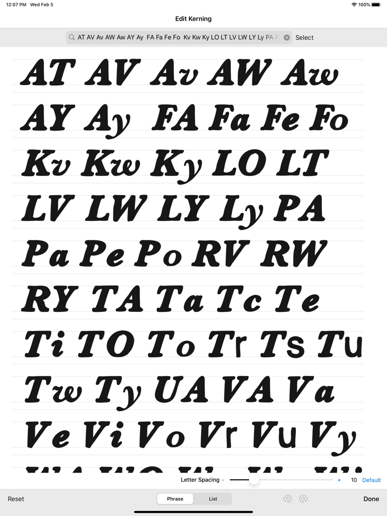 Oberfläche zur Bearbeitung von Schriftart-Kerning-Paaren auf iFontMaker für iPad.