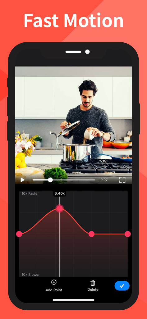Slow-Fast Motion Video Editor - Video editor interface showing a speed ramp graph to accelerate a cooking video