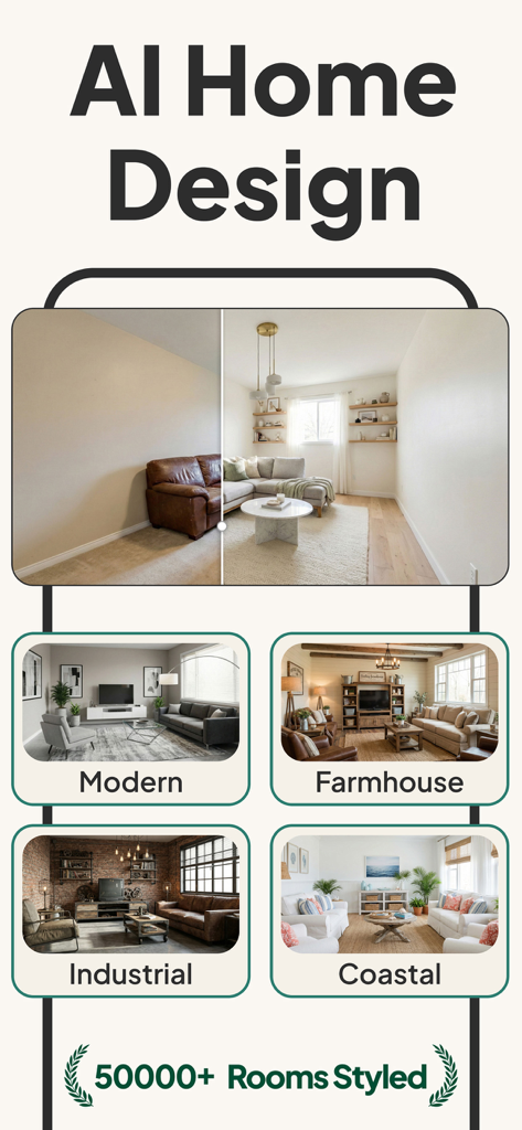 AI Home Design - Decorify - AI Home Design app interface showing room transformation slider and interior design styles including Modern Farmhouse Industrial and Coastal