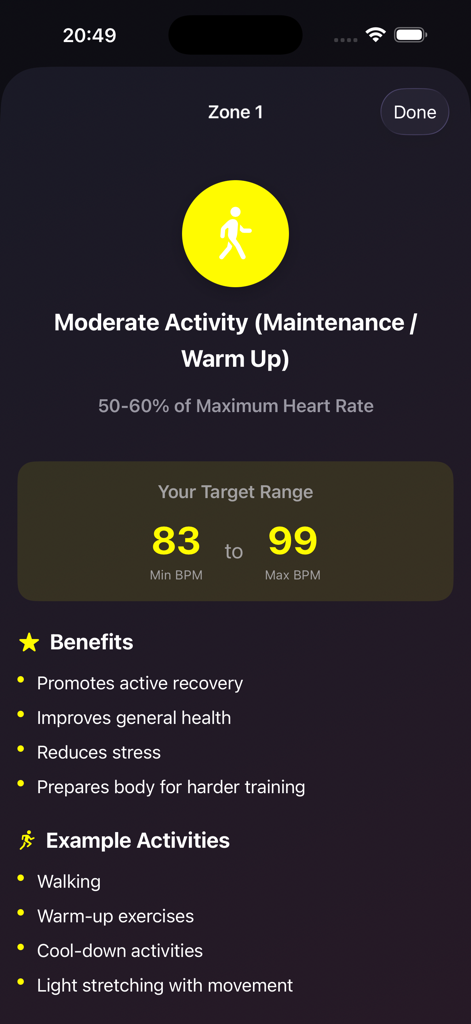 HRZones app screen displaying details for Zone 1 training including a target heart rate range of 83 to 99 BPM and exercise benefits