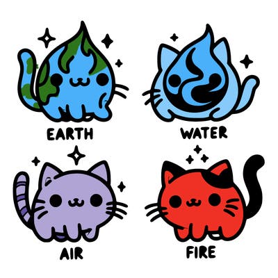 4 cats that represent the different elements, earth, water, air, and fire