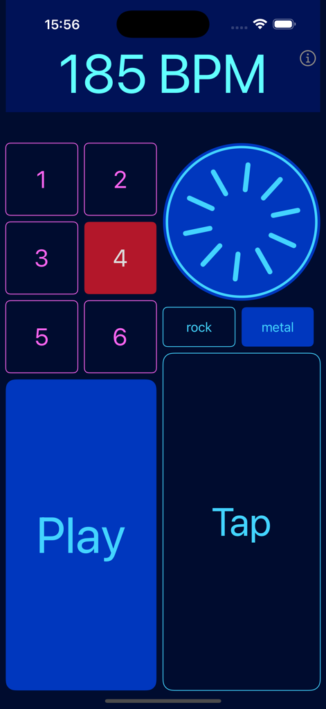 Drum Beats Metronome interface with 185 BPM display rock and metal loop selection and tap tempo feature