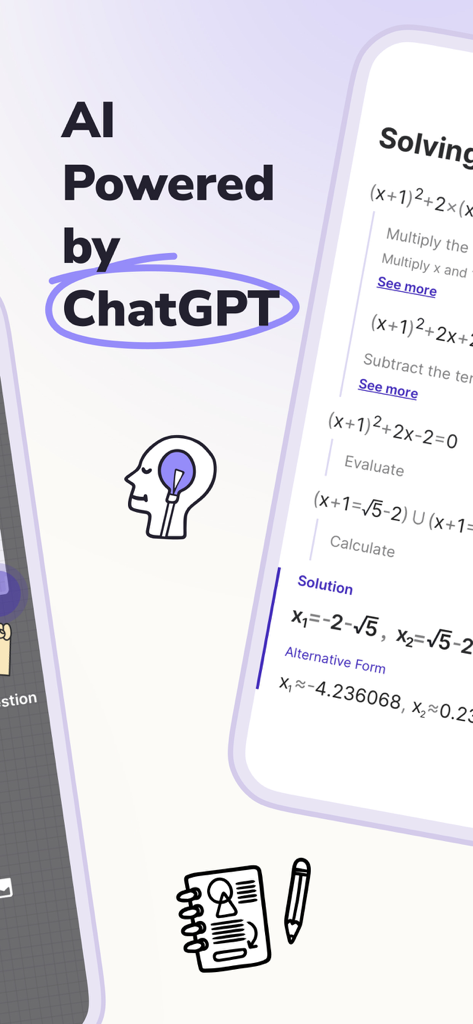 Socratic AI アプリ画面に ChatGPT で提供されるステップバイステップの数学の問題解決策が表示されています