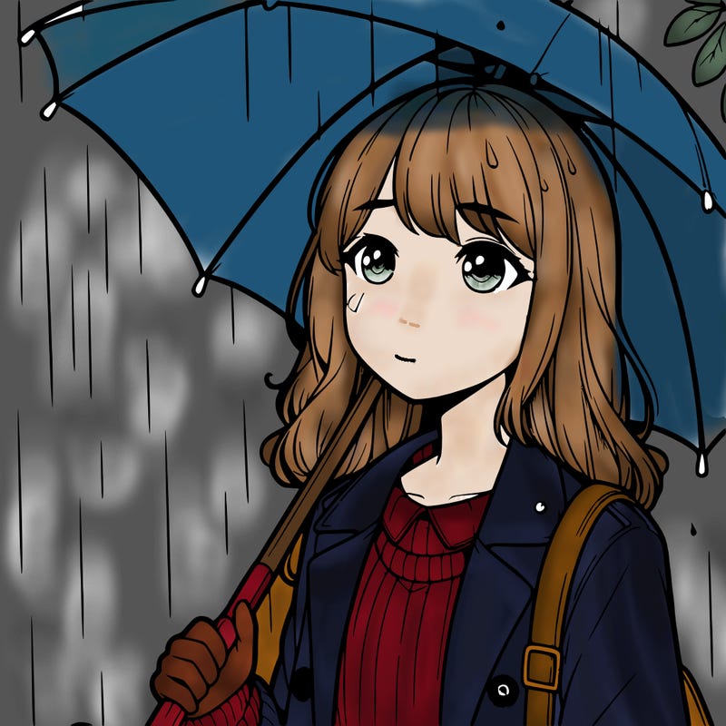 a realistic girl in the rain with an umbrella
