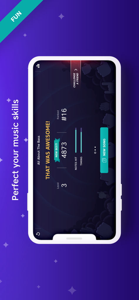 Success screen in the Piano app by Yokee showing a high score and musical progression stats