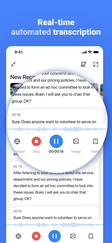 Notta app interface showing real time voice to text transcription with an active recording timer and waveform
