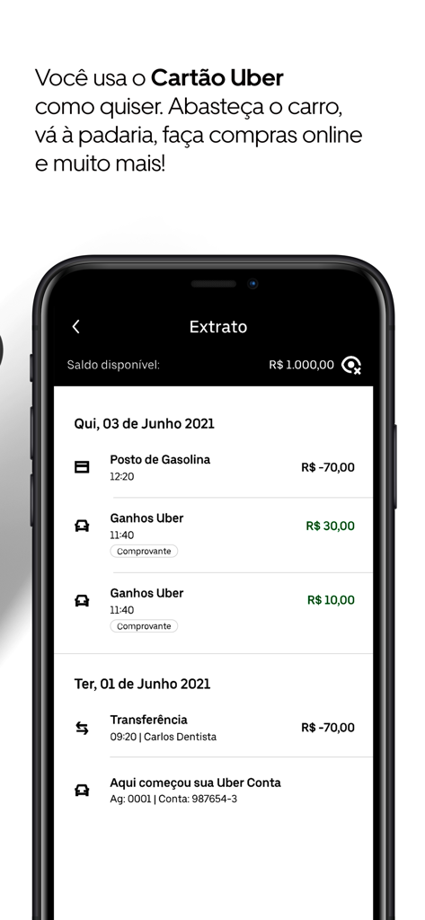 L'app Uber Conta mostra una cronologia dettagliata delle transazioni, inclusi guadagni e spese dell'autista
