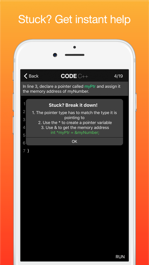 Learn C++ Programming - Learn C++ Programming app showing an interactive coding exercise on pointers with an instant help popup.