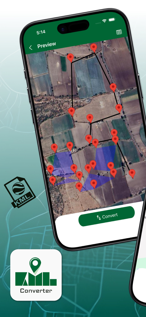 KML Viewer and Converter - Satellite map view in KML Viewer and Converter app showing location pins and area polygons.