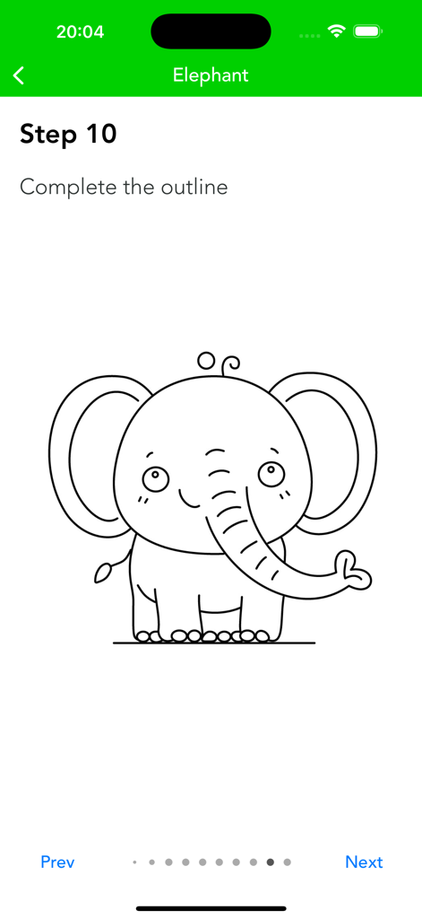 Draw: Step-by-Step Art Guide - Interfaz mostrando el paso 10 de un tutorial de dibujo de elefante de caricatura en la aplicación Draw.