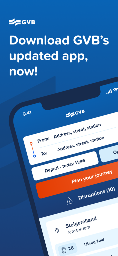 Interfaz de la app de transporte GVB en un smartphone que muestra el planificador de viajes con opciones para introducir direcciones de origen y destino en Ámsterdam