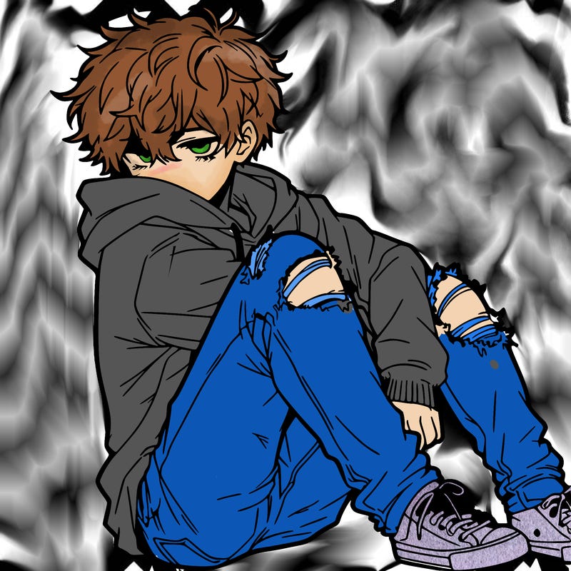 a male hoddie ripped jeans messy hair anime