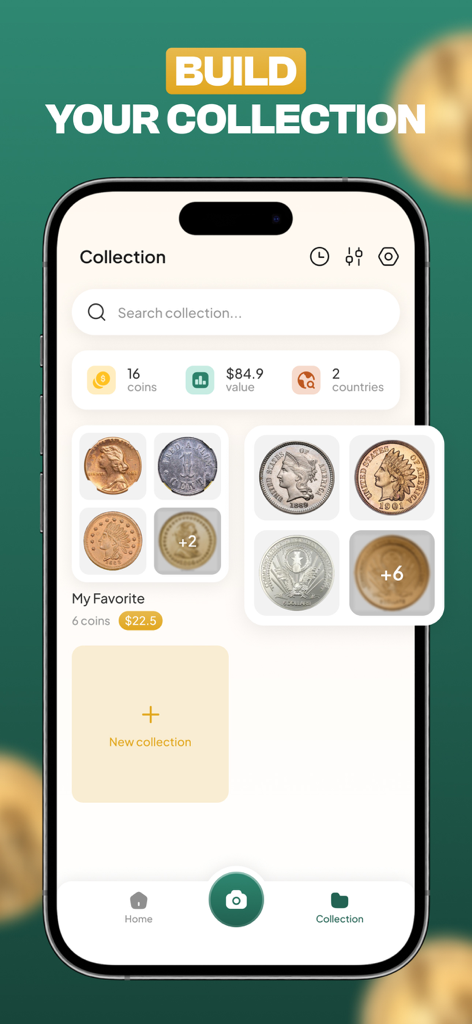 CoinID AI Coin Identifier - CoinID app screen displaying a digital coin collection with total market value and organized categories.