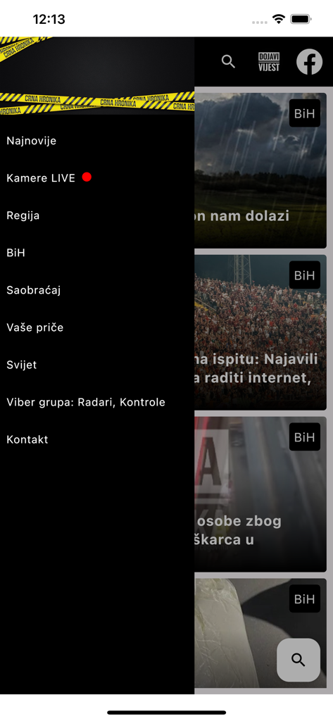 Crna Hronika - Navigation menu of the Crna Hronika app showing regional news categories and live camera links