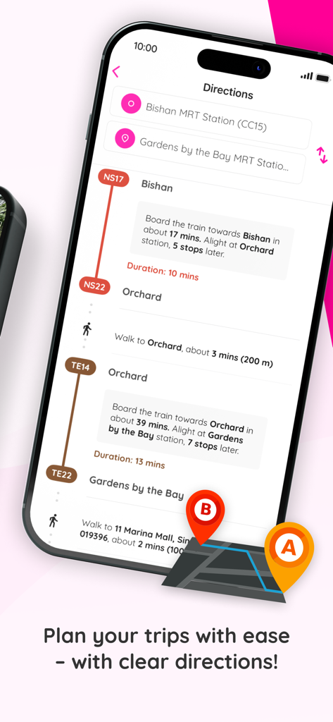 A smartphone showing the WINK plus app trip planner with clear step by step MRT directions from Bishan to Gardens by the Bay